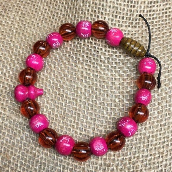 Exotic Asian Stretch Bracelet Hot Pink Amber Brown Round Retro BoHo - Picture 1 of 5